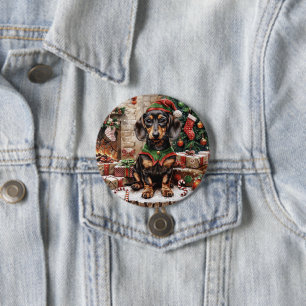 Badge Rond 7,6 Cm Chiens Lutin de Noël Teckel