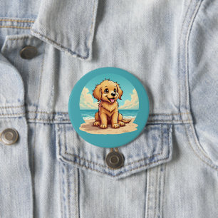 Badge Rond 7,6 Cm Chiot doré mignon sur une scène de plage ensoleill