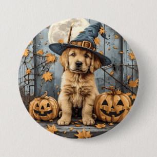 Badge Rond 7,6 Cm Chiots Retriever Doré Halloween Citrouilles