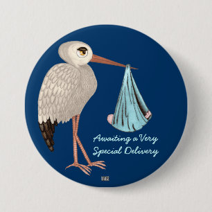 Badge Rond 7,6 Cm Cigogne classique (bleue) (baby shower)