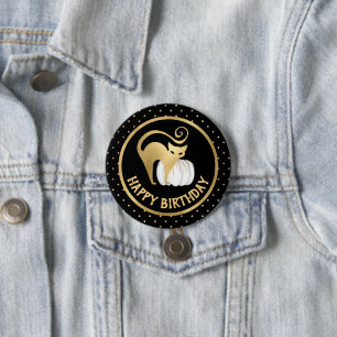 Badge Rond 7,6 Cm Citrouille blanche et chat doré pois Anniversaire