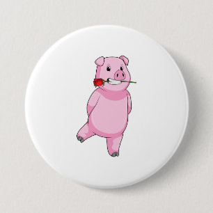 Badge Rond 7,6 Cm Cochon avec fleur Rose