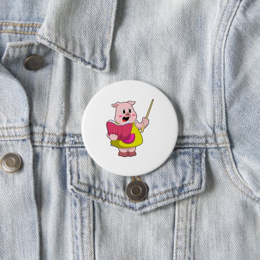 Badge Rond 7,6 Cm Cochon comme enseignant avec livre (En situation)