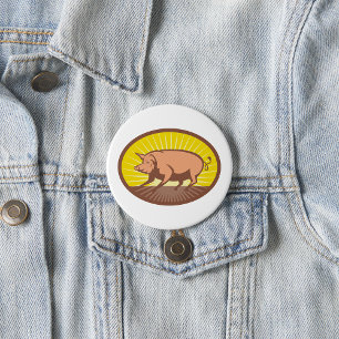 Badge Rond 7,6 Cm Cochon de ferme rétro avec Sunburst