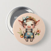 Badge Rond 7,6 Cm Cochon fermier mignon dans les salons avec fleurs (Devant & derrière)