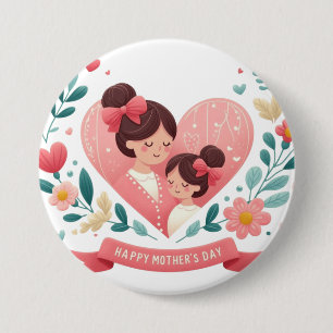 Badge Rond 7,6 Cm Cœur Floral Mère & Fille - Bonne Fête des Mères