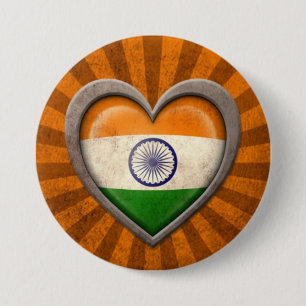 Badge Rond 7,6 Cm Coeur indien âgé de drapeau avec les rayons lég