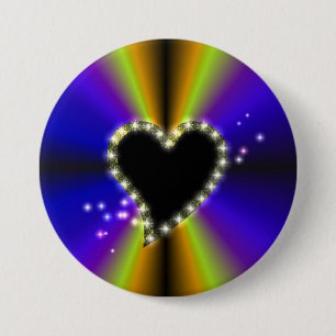Badge Rond 7,6 Cm Coeur noir avec étoiles sur arc-en-ciel jaune viol