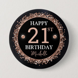 Badge Rond 7,6 Cm Confettis Pailletés Noir et Or Rose Anniversaire