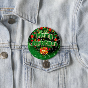 Badge Rond 7,6 Cm Correspondance Green Joyeux Noël Gold cloches Salu