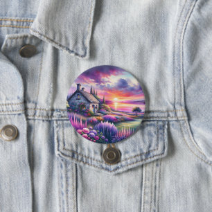 Badge Rond 7,6 Cm Cottage au coucher de soleil pastel Jardin au bord