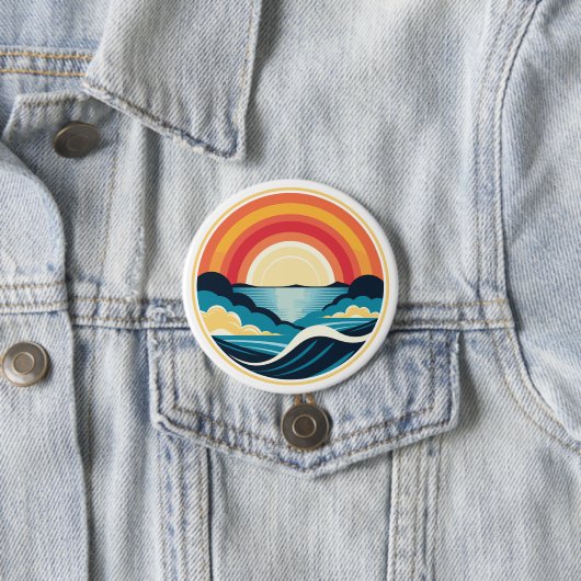 Badge Rond 7,6 Cm Coucher de soleil Art déco zen sur l'eau (En situation)