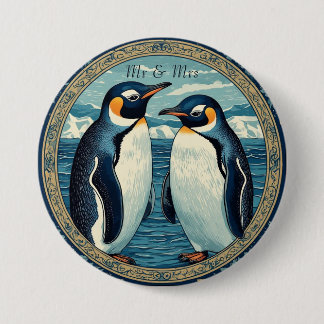 Badge Rond 7,6 Cm Couple de manchots hiver neige océan bleu glace gl