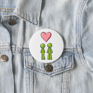 Badge Rond 7,6 Cm Couple de personnages bâtons verts Cœur rose Amour