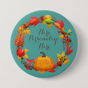 Badge Rond 7,6 Cm Couronne de citrouille d'automne et de feuilles d'