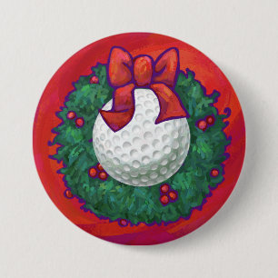 Badge Rond 7,6 Cm Couronne de Noël aux balles de golf sur fond rouge