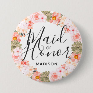 Badge Rond 7,6 Cm Couronne florale moderne chic pêche menthe Demoise