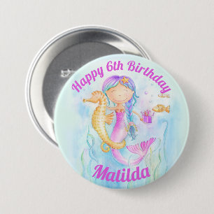 Badge Rond 7,6 Cm Coutume d'anniversaire d'aquarelle d'hippocampe de