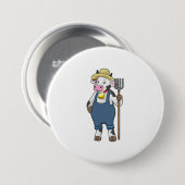 Badge Rond 7,6 Cm Cow as Farmer with Pitchfork (Devant & derrière)