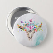 Badge Rond 7,6 Cm Crâne animal Boho avec papillons et fleurs (Devant & derrière)