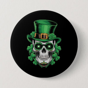Badge Rond 7,6 Cm Crâne de Sucre St Patrick Jour Chanceux Shamrock