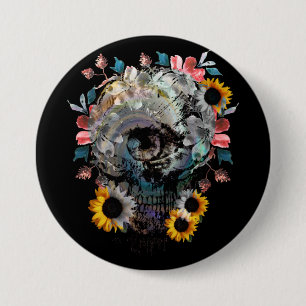 BADGE ROND 7,6 CM CRÂNE FLEURS FLORAUX