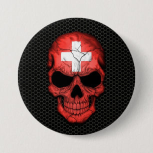 Badge Rond 7,6 Cm Crâne suisse de drapeau sur le graphique en acier