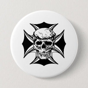 Badge Rond 7,6 Cm Croix de couronne d'épine crâne art de motards