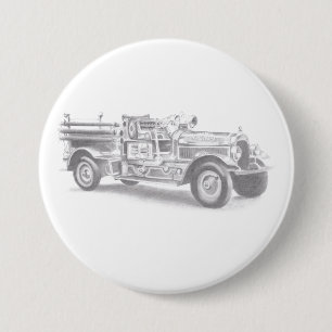 Badge Rond 7,6 Cm croquis au crayon de vieux camion de pompiers dess
