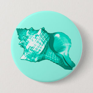 Badge Rond 7,6 Cm Croquis en coquille de conc - turquoise, blanche e