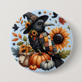 Badge Rond 7,6 Cm Crow Whimsical avec Citrouilles et tournesols (Devant)