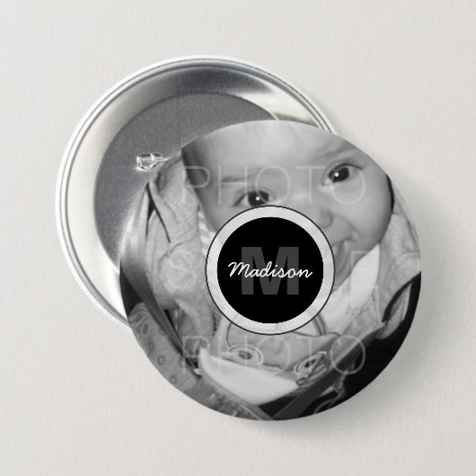 Badge Rond 7,6 Cm Customisez votre photo noir blanc Monogramme (Devant & derrière)