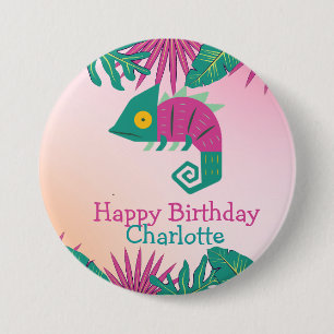 Badge Rond 7,6 Cm Cute chameleon jungle florale Animaux Fille d'anni