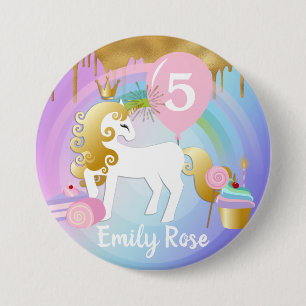 Badge Rond 7,6 Cm Cute Gold & White Unicorn Treats Birthday
