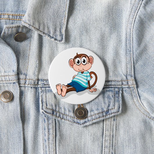 Badge Rond 7,6 Cm Cute Monkey in Blue Striped Shirt and Shorts