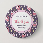 Badge Rond 7,6 Cm Dessin d'Anniversaire de Chouette rose et violette (Devant)