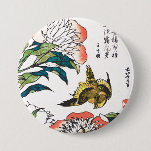 Badge Rond 7,6 Cm Dessin japonais Vintage, pivoines et moineaux