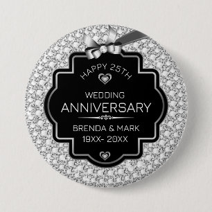 Badge Rond 7,6 Cm Diamants Blancs Argent Et Noir 25 Anniversaire