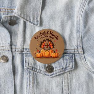 Badge Rond 7,6 Cm Dinde de Thanksgiving à cœurs reconnaissants