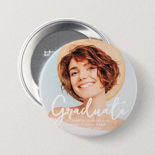 Badge Rond 7,6 Cm Diplômé Simple Moderne Script Grad Photo (Devant & derrière)