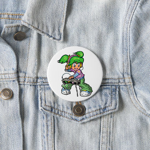 Badge Rond 7,6 Cm DJ Girl avec cheveux verts et casques