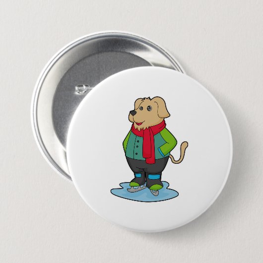 Badge Rond 7,6 Cm Dog at Ice skating with Ice skates (Devant & derrière)