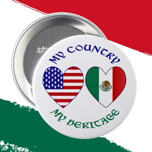 Badge Rond 7,6 Cm Drapeaux USA Mexique Cœurs Mon Pays Mon Héritage 