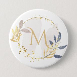 Badge Rond 7,6 Cm Elégante aquarelle or Wreath Monogramme M
