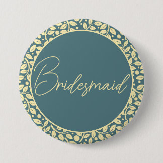 Badge Rond 7,6 Cm Élégante demoiselle d'honneur bleue et feuille de