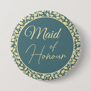 Badge Rond 7,6 Cm Élégante Feuille bleue et crème Maid of Honor