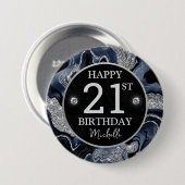 Badge Rond 7,6 Cm Elégante Marine Blue & Silver Parties scintillant  (Devant & derrière)