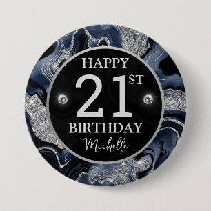 Badge Rond 7,6 Cm Elégante Marine Blue & Silver Parties scintillant