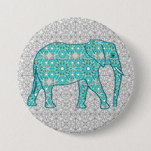 Badge Rond 7,6 Cm Eléphant fleur Mandala - turquoise, gris & blanc