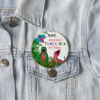 Badge Rond 7,6 Cm Enfant de 3 ans d'anniversaire Trois Rex Dinosaure